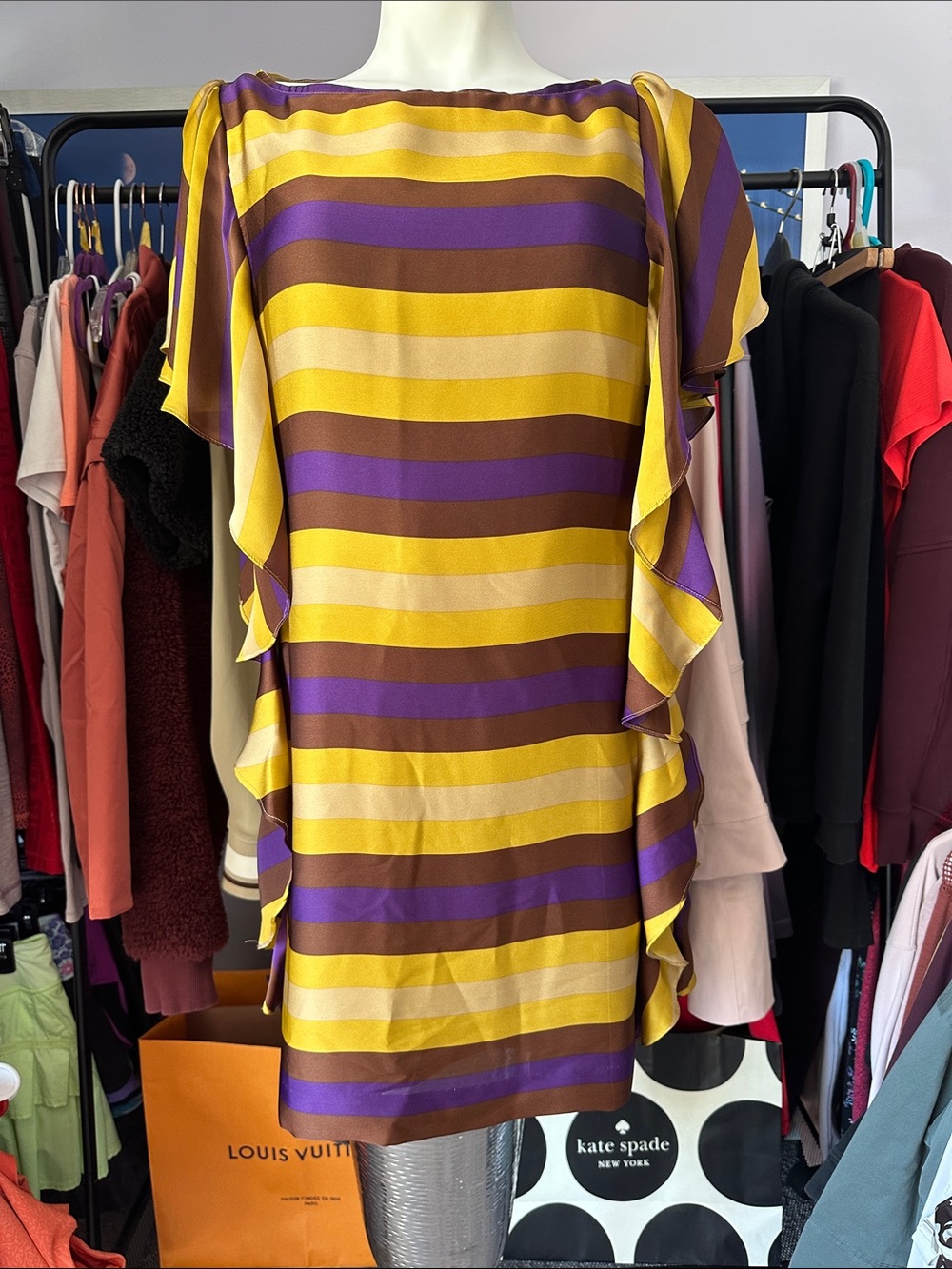 MICHAEL Michael Kors Striped Mini Dress in Yellow, Purple & Brown